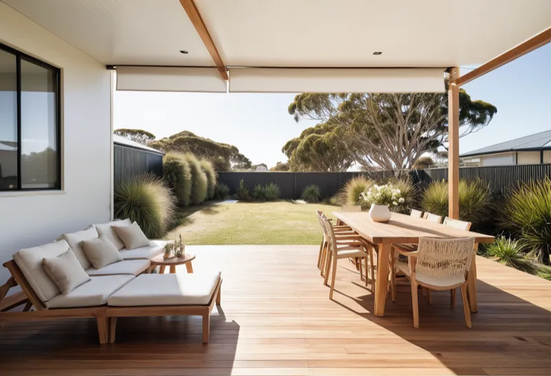 Retractable folding arm awning extended over an alfresco deck with outdoor lounge furniture