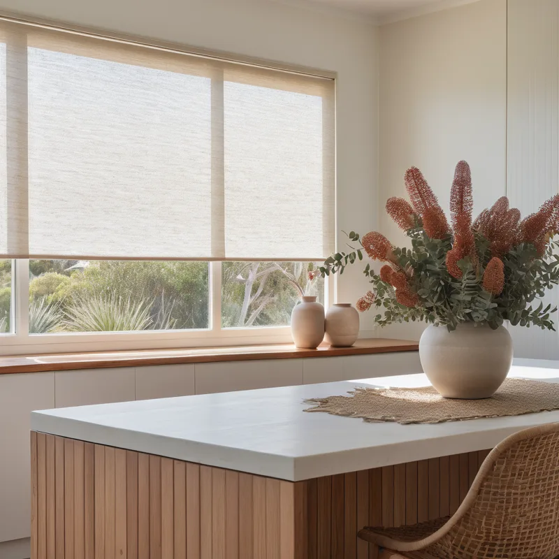 Roller blind on a kitchen window in a Geelong coastal home