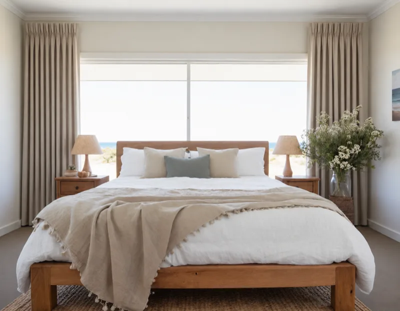 Wall-to-wall floor-to-ceiling pinch pleat linen curtains in a coastal master bedroom